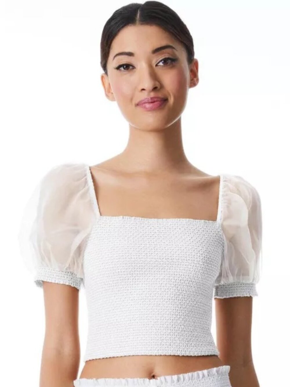 alice + olivia Eliana Puff Sleeve Smocked Crop Top in White Size Large